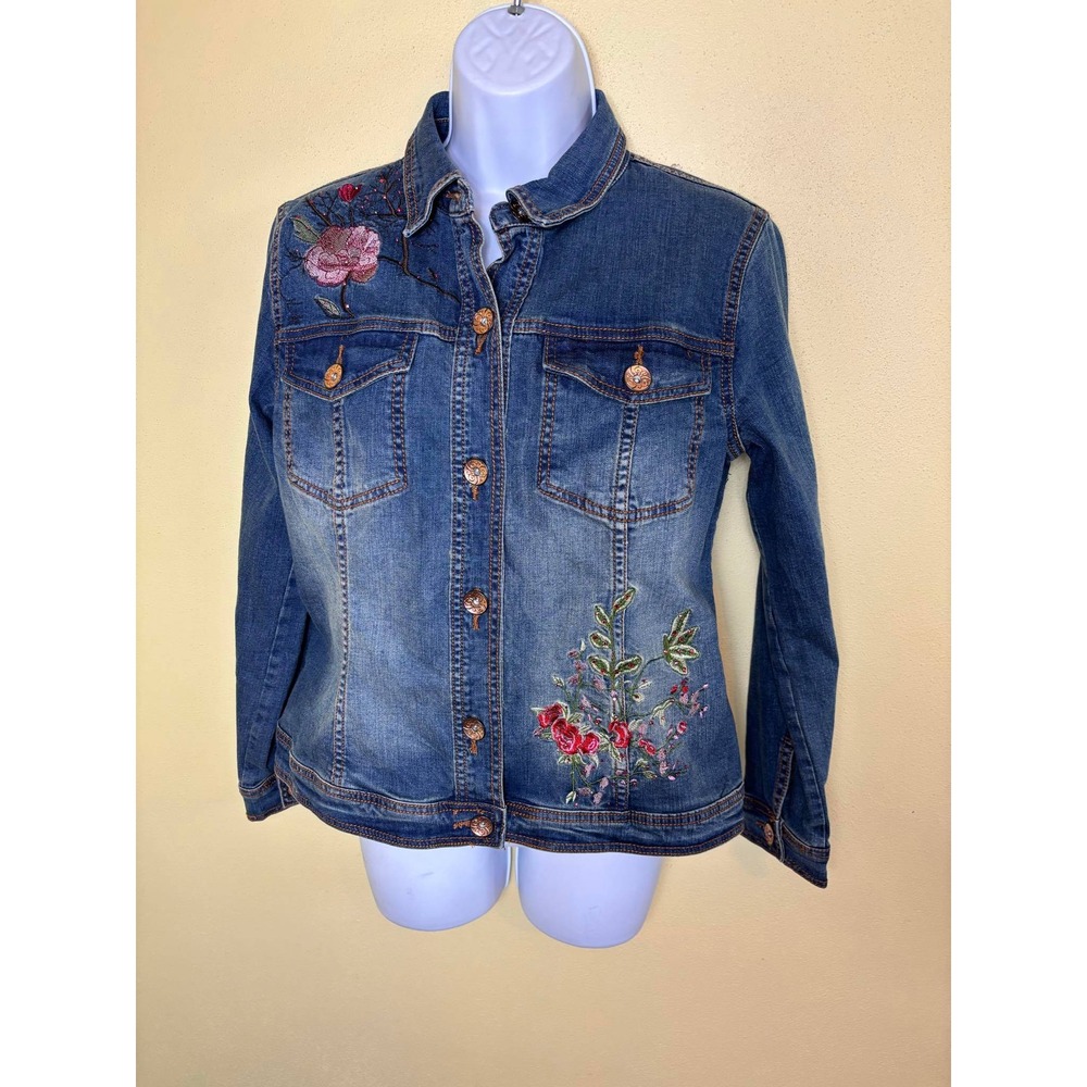 V Cristina Denim Jacket Rose Floral Embroidered‎ Button Jacket Western Size Med